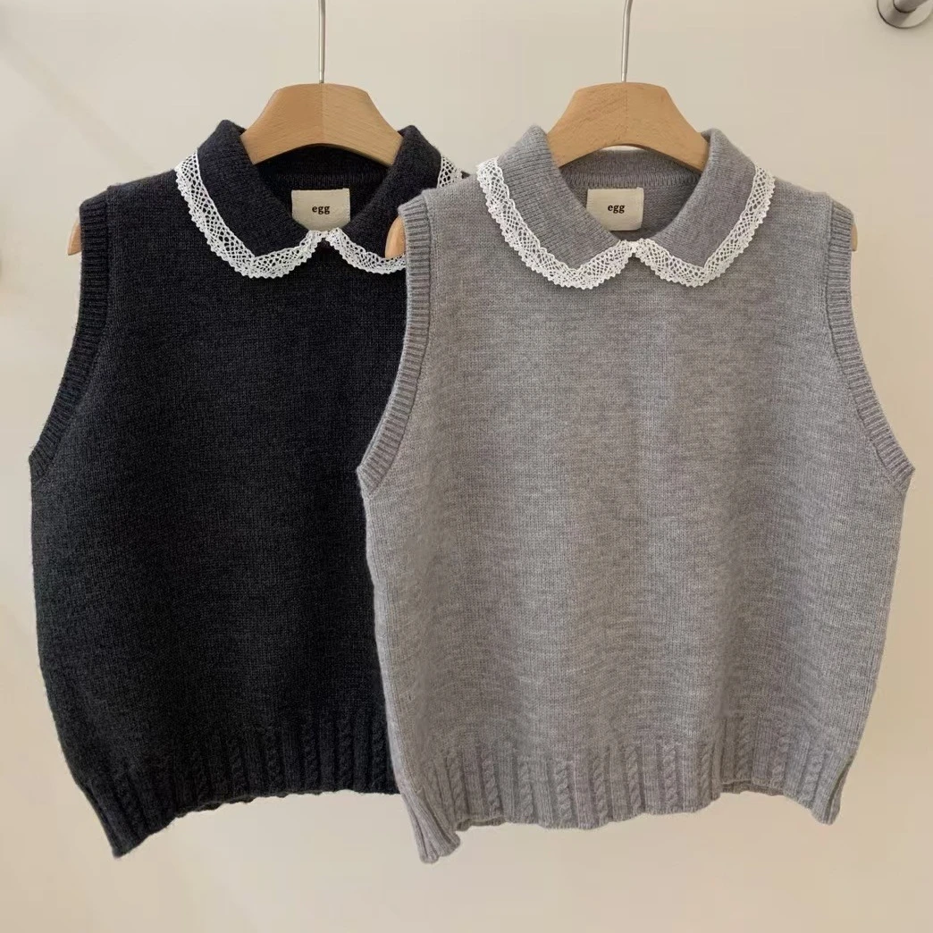 

Женский вязаный жилет, свитера, однотонные джемперы, кружевной воротник Питера Пэна, без рукавов, легкие эластичные свободные Y2k, повседневные, 202, осень-зима