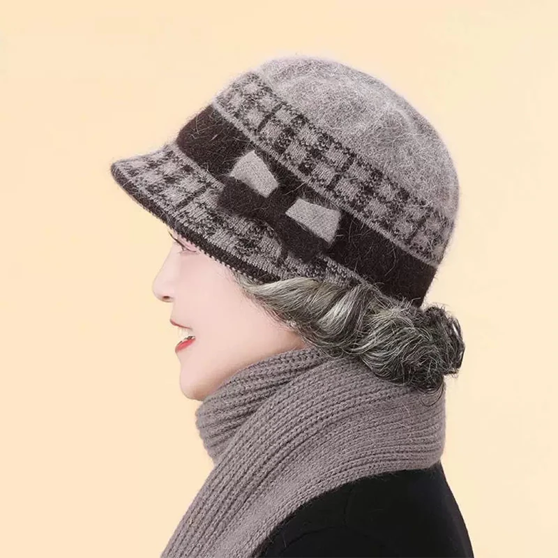 Exquisite Outdoor Thickened Fleece Knitted Cap Winter Rabbit Fur Ballcap Snug Bow Basin Style For Middle Age and Senior