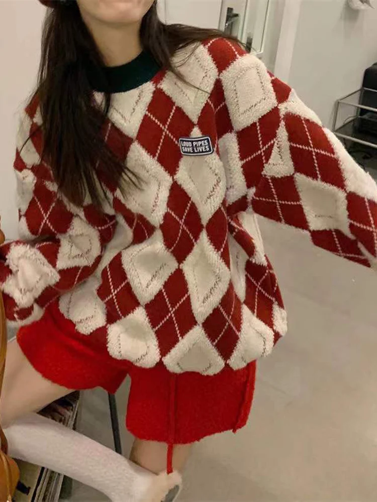 

Vintage Argyle Christmas Red Sweater Women Sweet Long Sleeve Knitted Pullover Retro Korean Lazy Wind O Neck All Match Tops