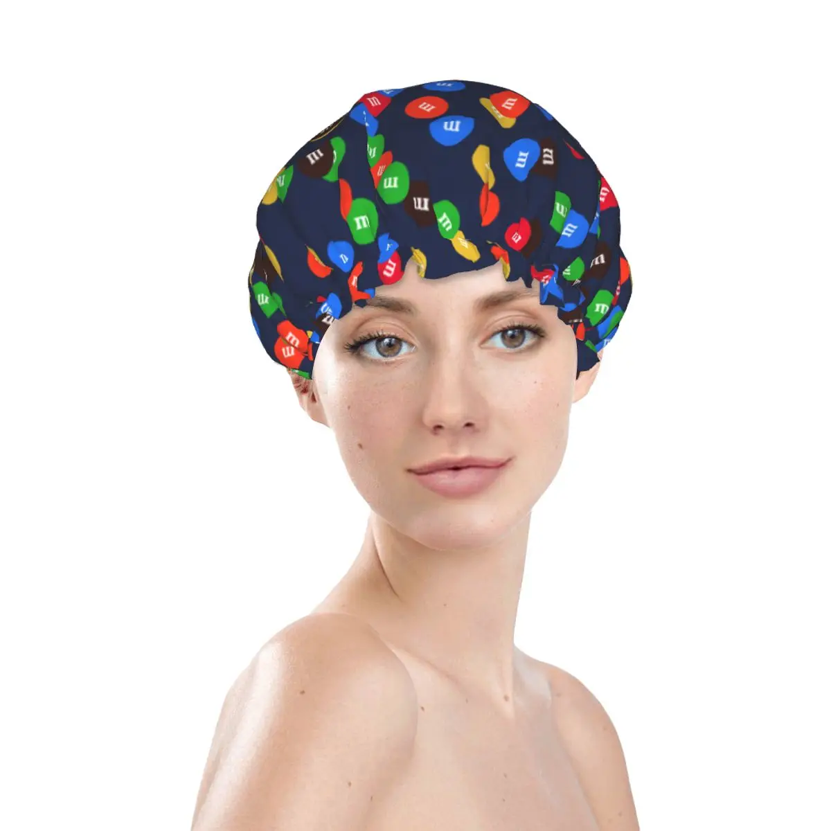 MMS Sweet Chocolate Candy Shower Cap Women Reusable Waterproof Cartoon Quick Drying Bath Hair Caps