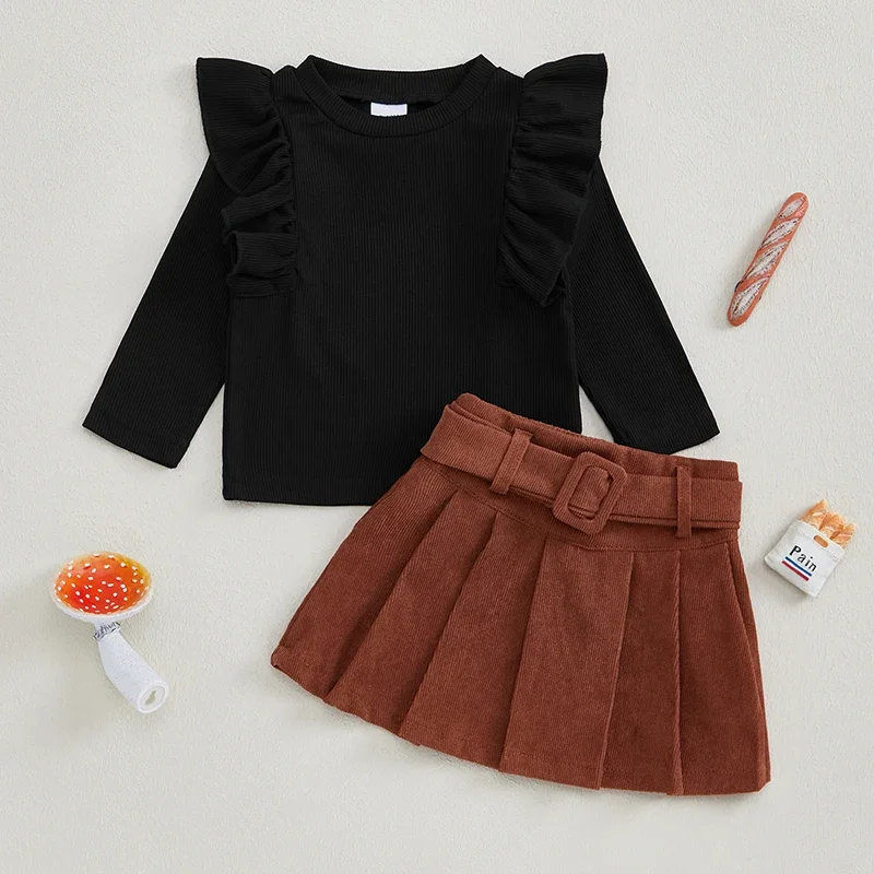 Tregren Toddler Girls Suit New Autumn Children Clothing Baby Girl Clothes Long Sleeve Ruffled Tops Belt Short Pleated Skirt