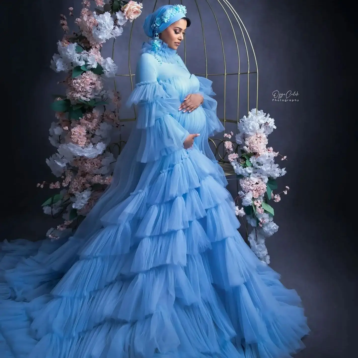 

Modest Blue Maternity Dresses High Neck Tiered Vestidos For Pregnant Woman Illusion Long Sleeves Babyshower Dresses Customized