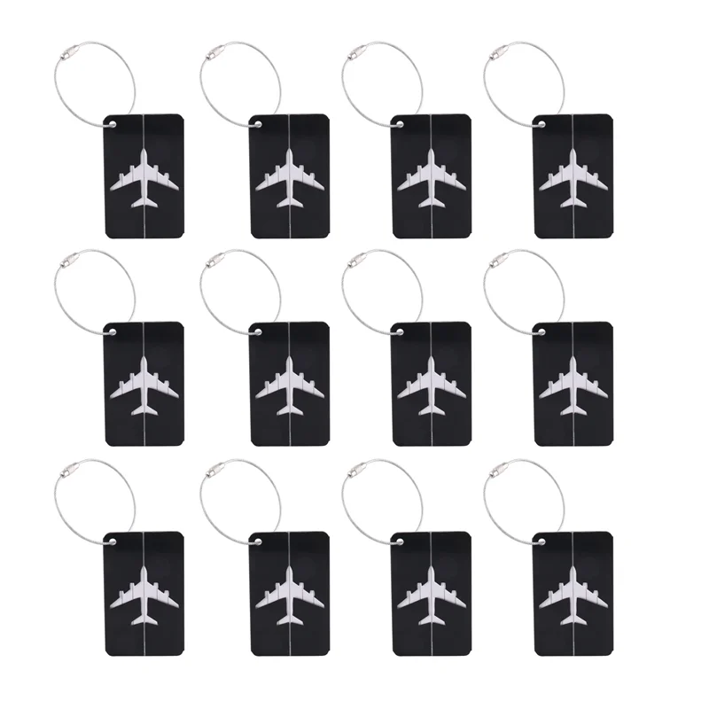 

A48F-12PCS Metal Hollow Luggage Tag Tags Colorful Suitcase Card Luggage Tags Travel Idtags (Black)