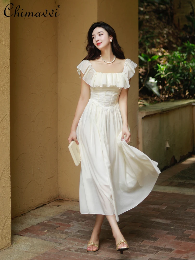 

French Retro Hepburn Style Ruffles Square Collar Off-shoulder High Waist Slim A-line Beige Elegant Fairy Long Dress Women Summer