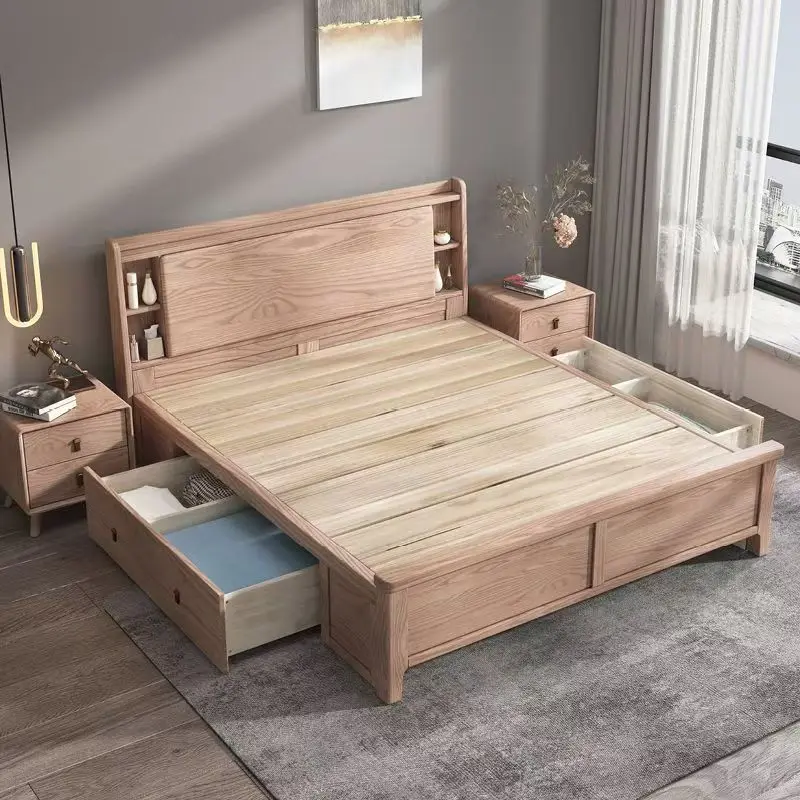 ￥#Cheap Soft Sleeping Bed with Storage Headboard Wholesale Price Luxury Wooden High Grade Storage Box Wooden Beds