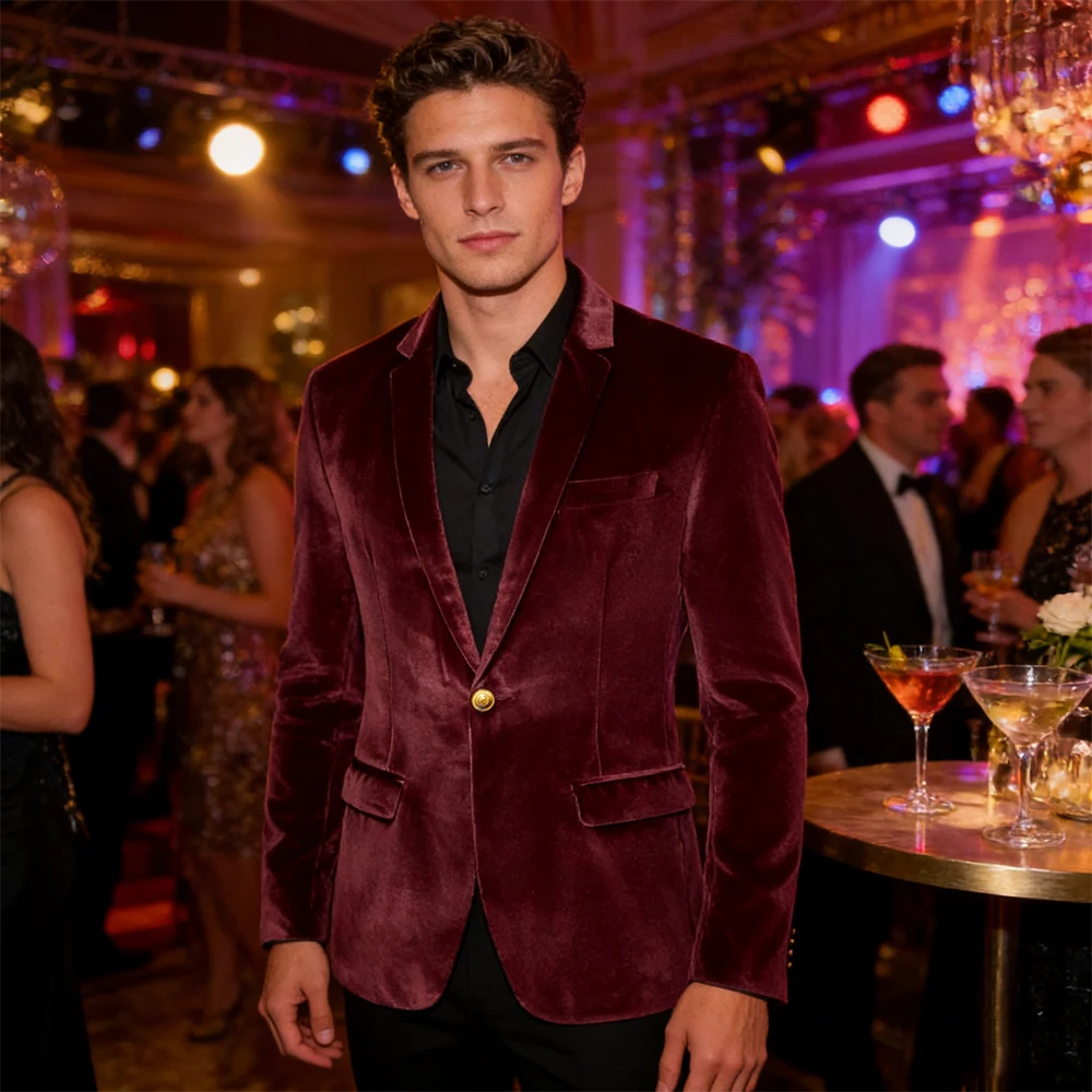 

Men's Velvet Blazer Notch Lapel Slim Fit Suit Jacket With Gold One Button Suit Coat For Wedding Party Prom