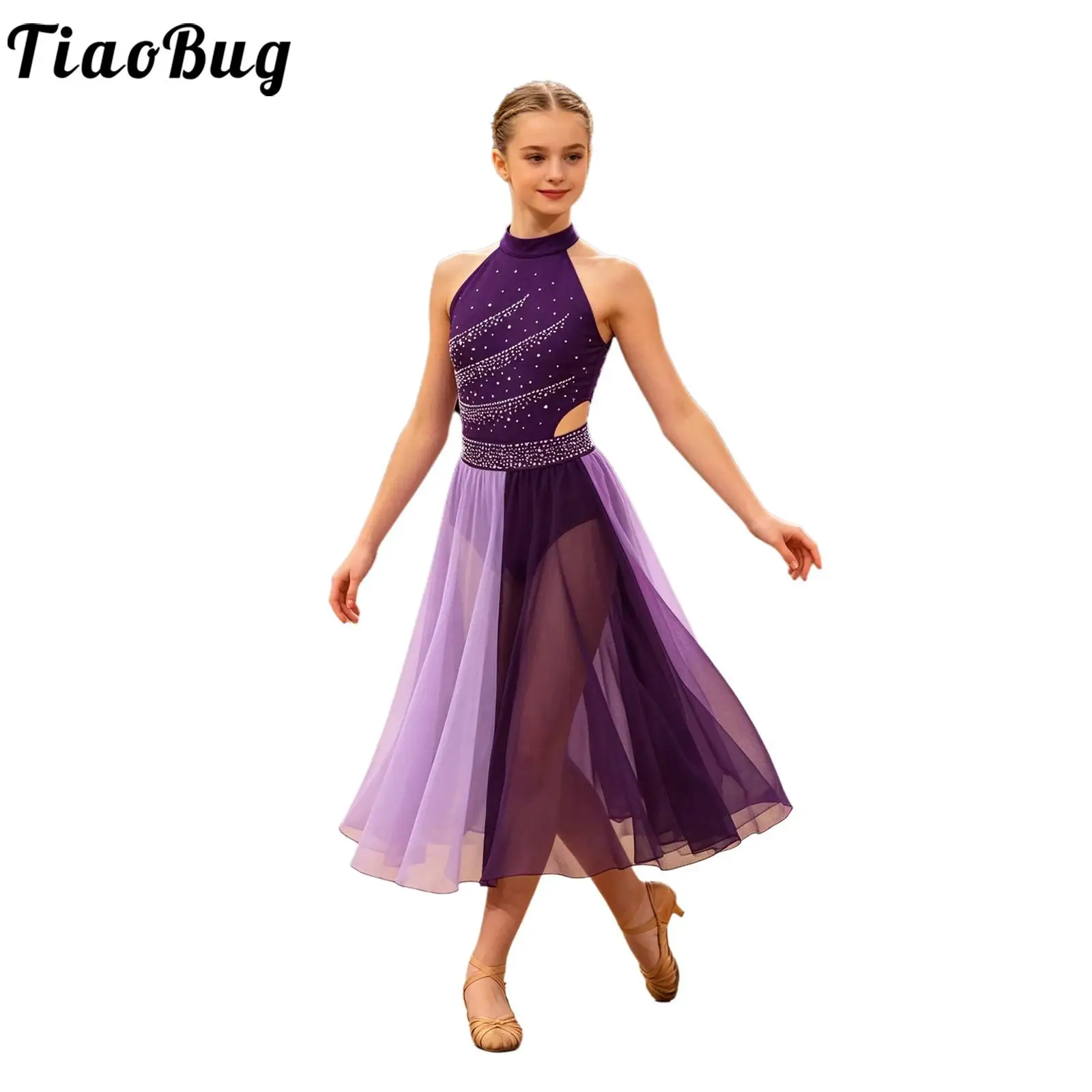Mädchen Tanzkleid für Lyrischen und Zeitgenössischen Tanz, Ärmellos mit Strass, Seitenschlitz, Chiffon Eiskunstlauf Ballett Gymnastik Trikot