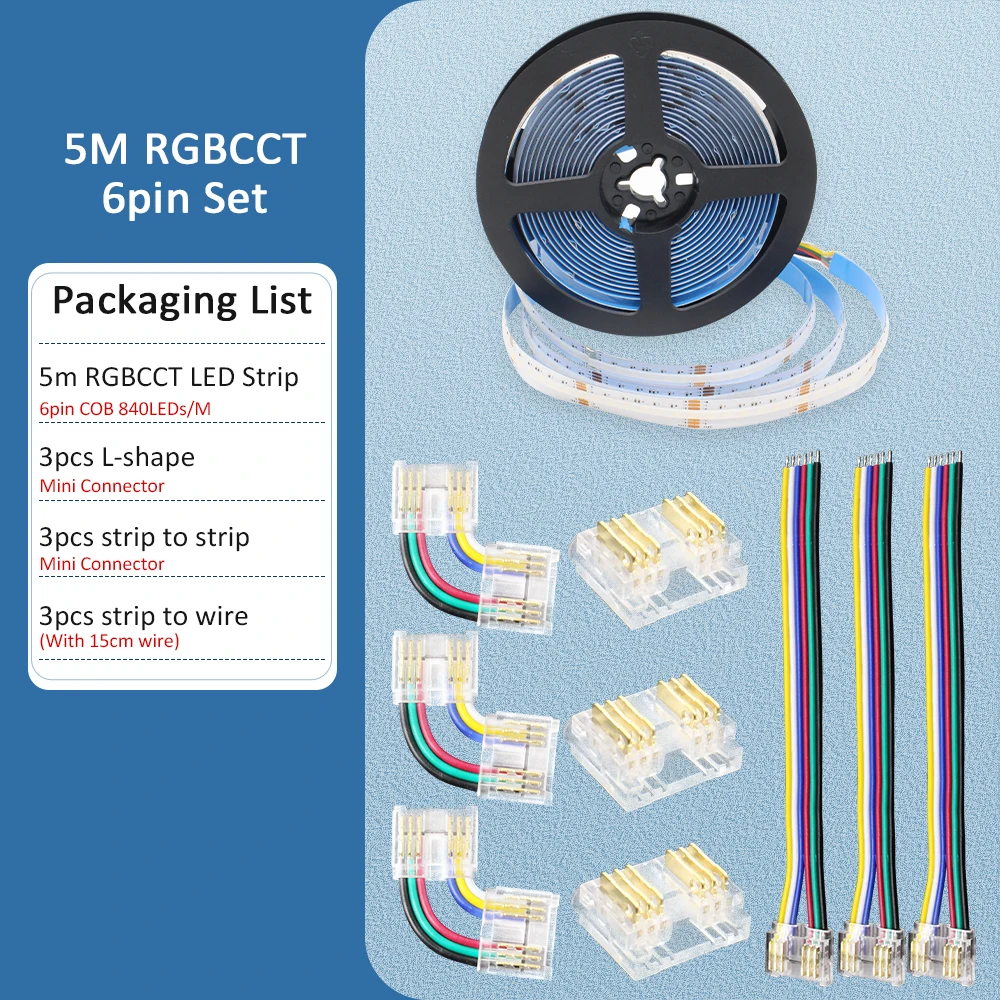 5M Cob Rgbcct Led Strip 24 V 6 Pin 12Mm 840 Diodes Rgb Cct Ww Cw 24 Volt Flexibele Led Streep Neon Tape Lint Lamp Voor Kamer Decor