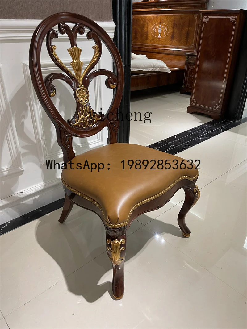 Dining Chair European Style Solid Wood Carved Leather Upholstered Chair Mahogany