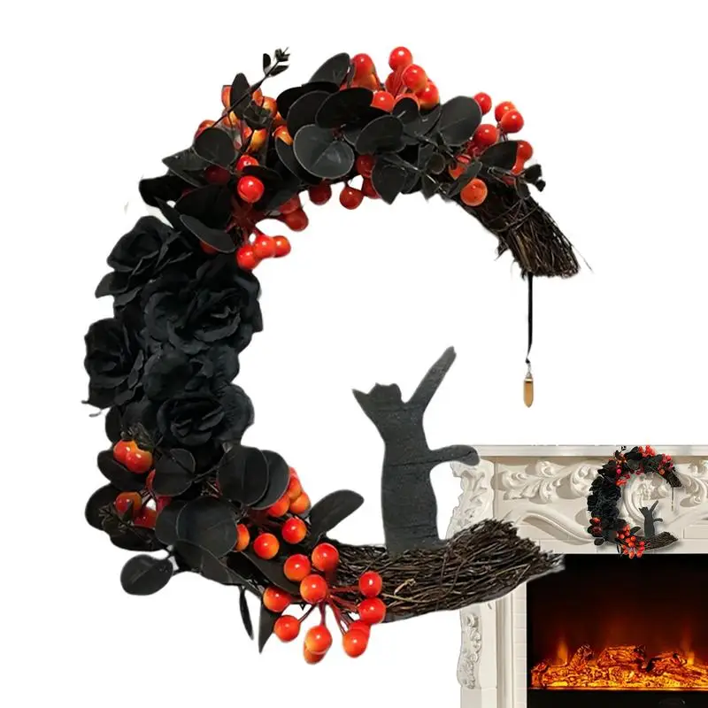 

Halloween Decorative Rattan Wreath Halloween Cat Door Wreath Horror Decorations Halloween Moon Wreath With Black Cat For Home