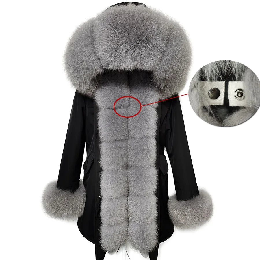 MaoMaoKong-Chaqueta de piel de zorro Real Natural para mujer, Parkas cálidas con capucha, abrigo impermeable negro, ropa de lujo para invierno