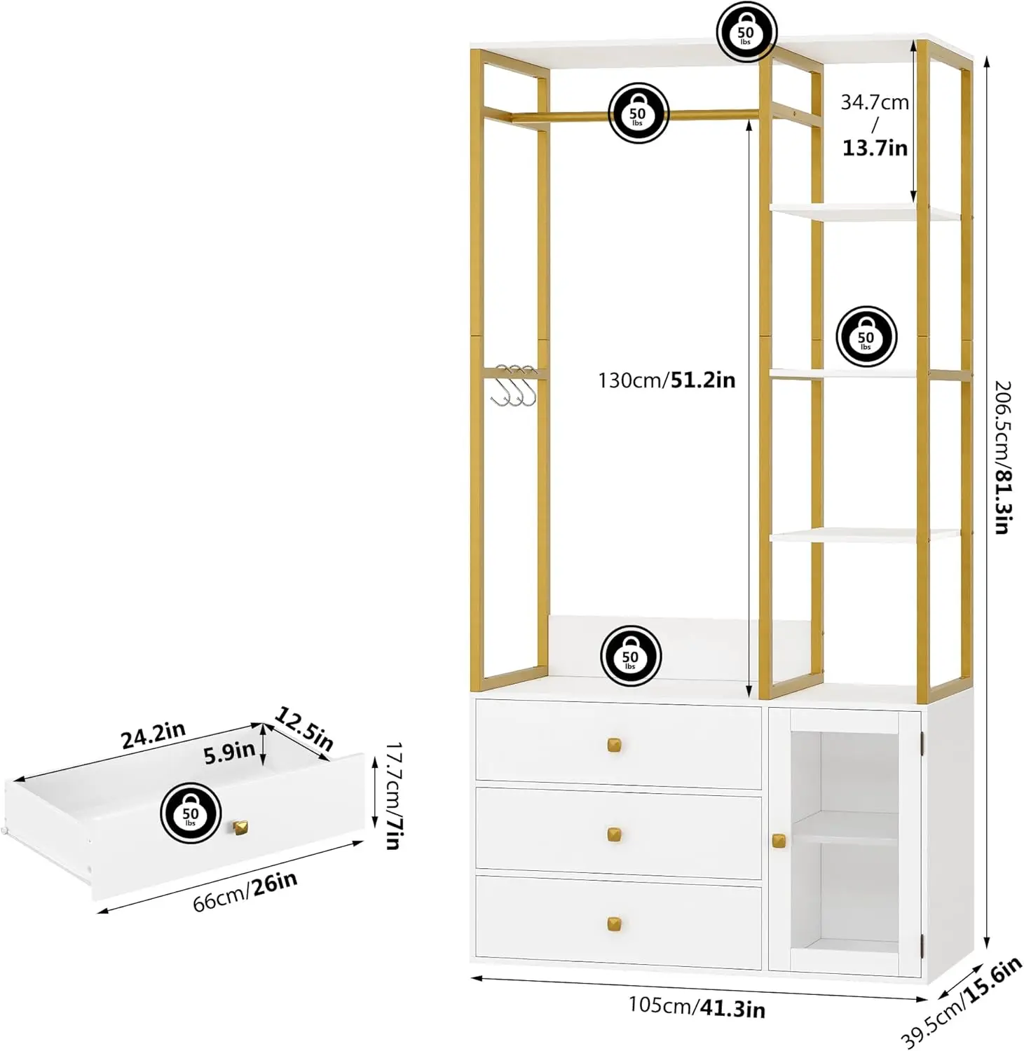 Closet Organizer System, 81.3”H Garment Rack with 3 Wood Drawers and Storage Shelves, Clothes Rack with Hanging Rod