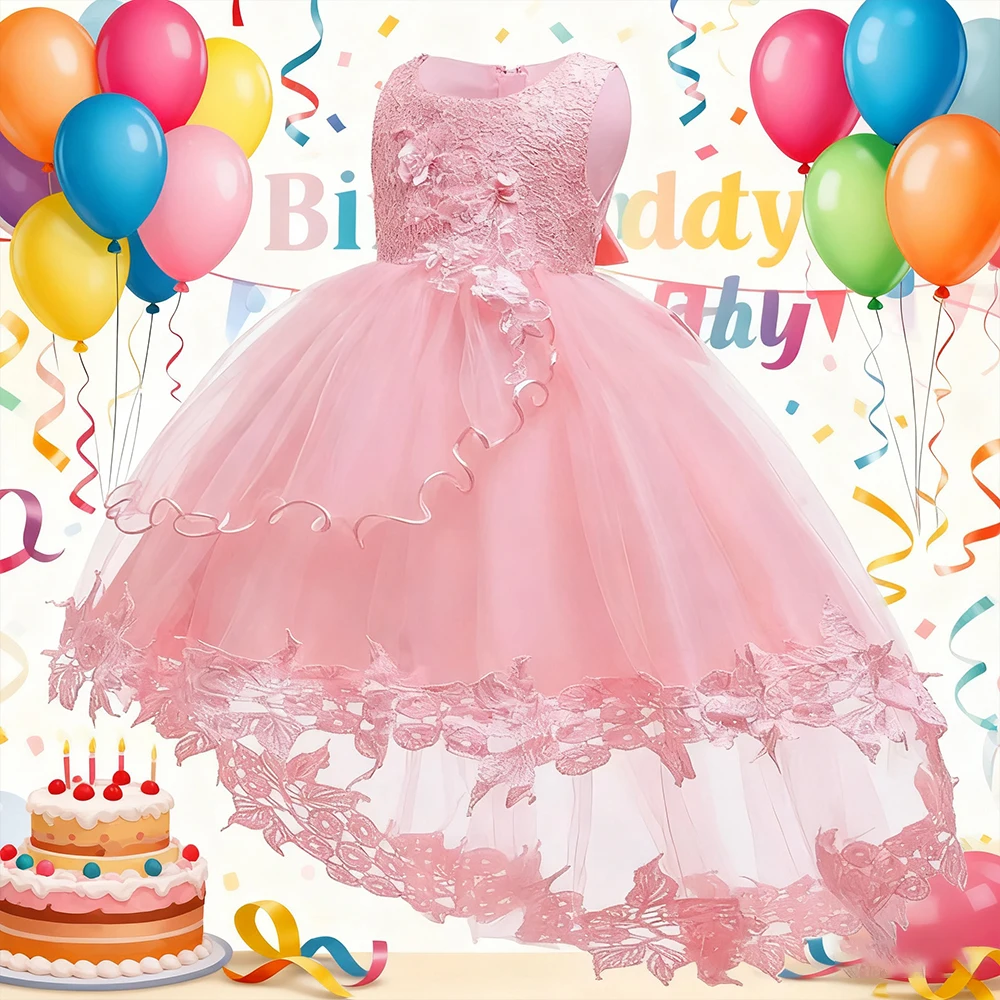 Asymmetric Toddler Evening Prom Dress Elegant Party Dresses For Girls Pink White Birthday DressLace Baby Girl Princess Dress