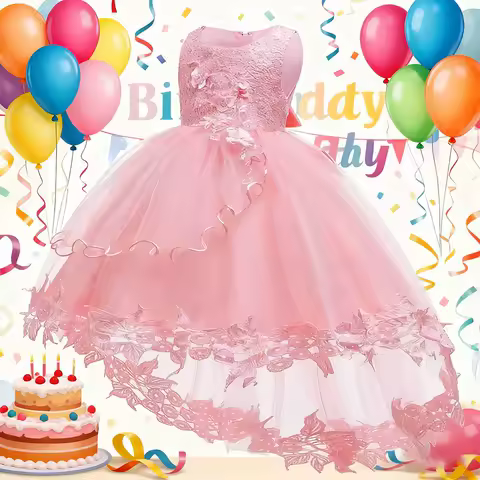 Asymmetric Toddler Evening Prom Dress Elegant Party Dresses For Girls Pink White Birthday DressLace Baby Girl Princess Dress