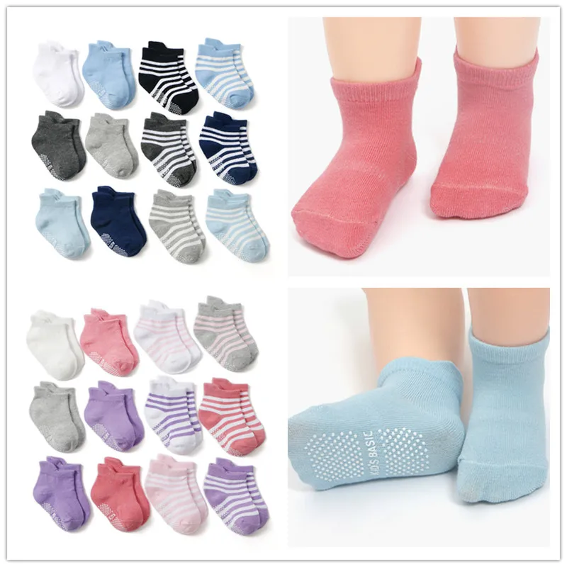 6 Pairs Cotton Children's Anti-slip Boat Socks Boys Girl Low Cut Floor Kid Sock with Rubber Grips 0-3Years