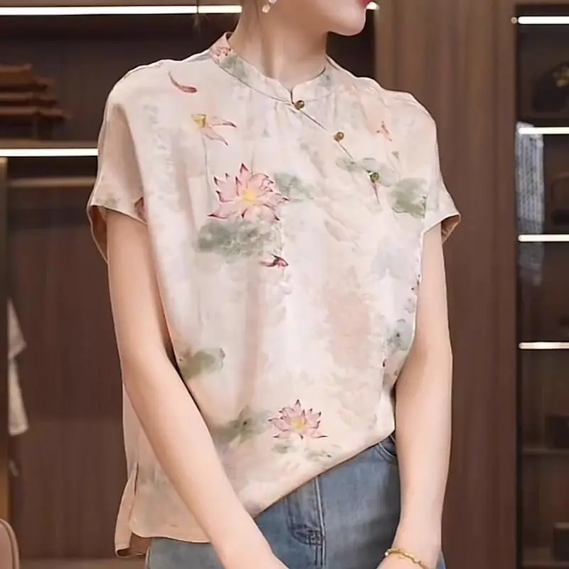 Floral Printed Satin Silk Blouses Women Short Sleeve Retro Shirts Chinese Style Cheongsam Top