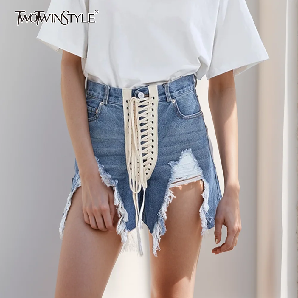 

TWOTWINSTYLE Hollow Out Denim Shorts For Women High Waist Patchwork Ribbons Casual Streetwear Short Trousers Female Fashion 2022