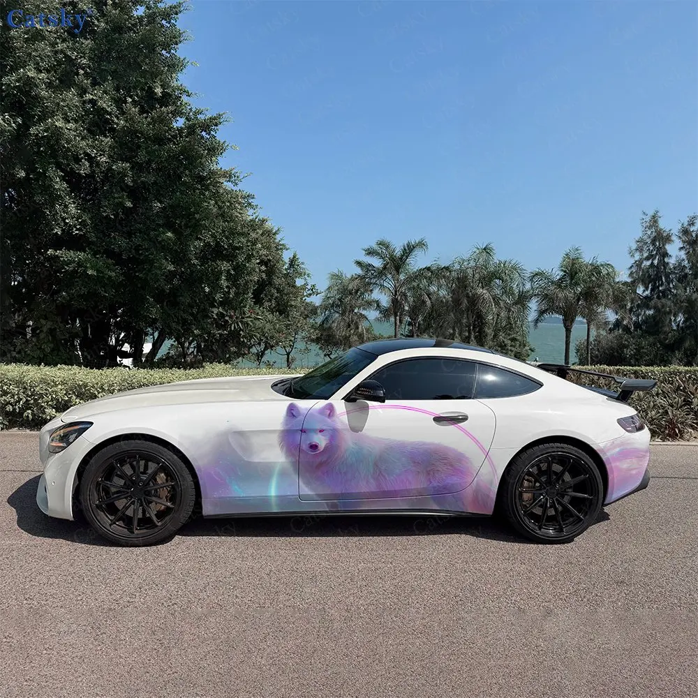 2pcs Aurora Iridescent Spirit Wolf Car Side Wraps, Self-Adhesive PVC Waterproof & Scratch-Resistant Stickers, Car Accessory Gift