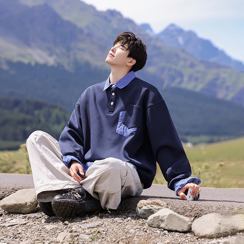 

Men's Outdoor Sports Leisure Versatile Pullover Sweater Fashionable and Trendy Handsome and Fake Two-piece Knitted Top