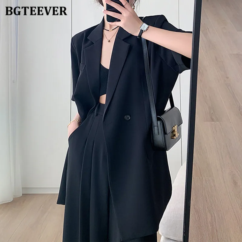 BGTEEVER Summer Ladies Trousers Suits Short Sleeve Jackets & Wide Leg Suit Pants Women Outfits Elegant Ladies 2 Piece Blazer Set