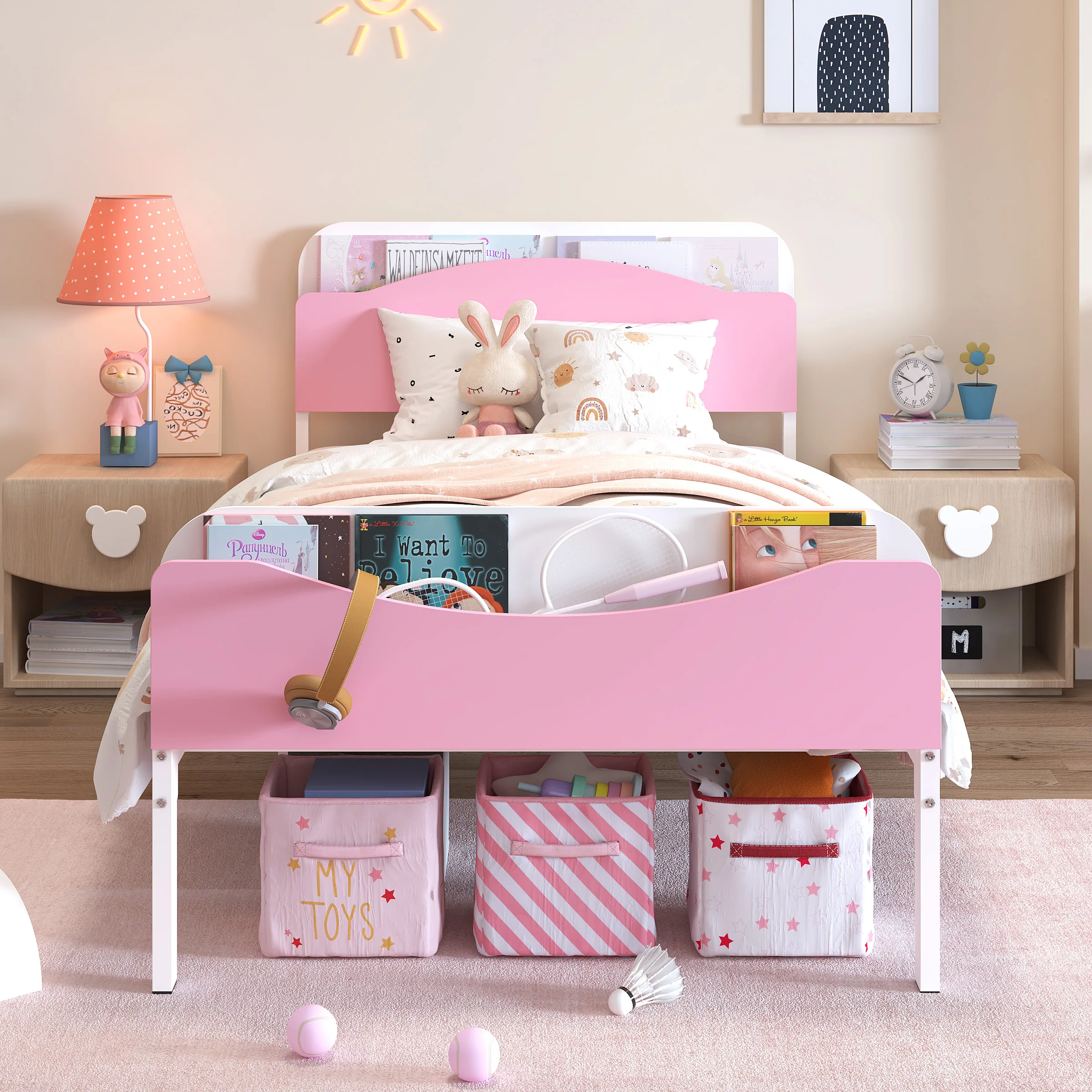 Pink Twin Size Bed Frame with Bookcase Headboard and Footboard, Metal Platform Bed Frame for Girls Teens Adults