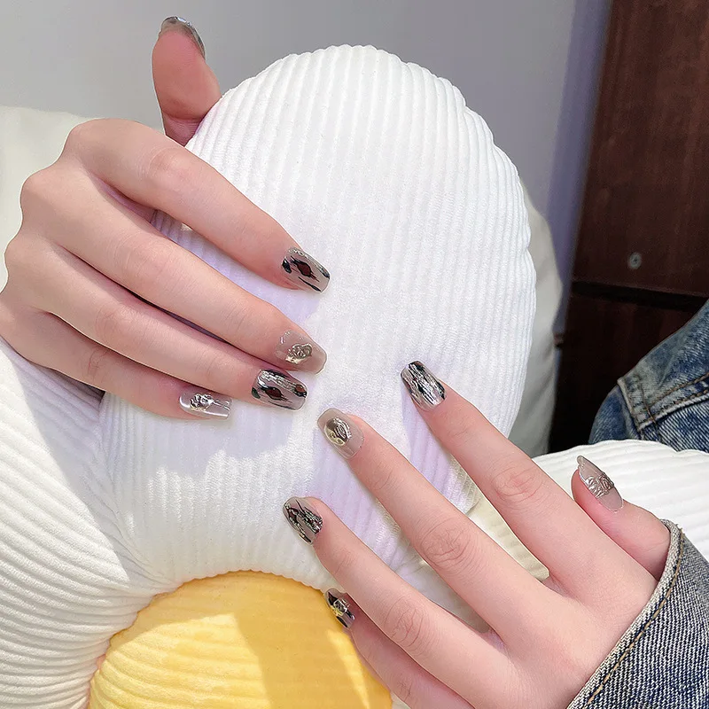 10pcs Leopard Pattern Fake Nail Tips Shiny Gild French Wearable Press On Nails Spice Girls Fashion Short Handmade False Nail