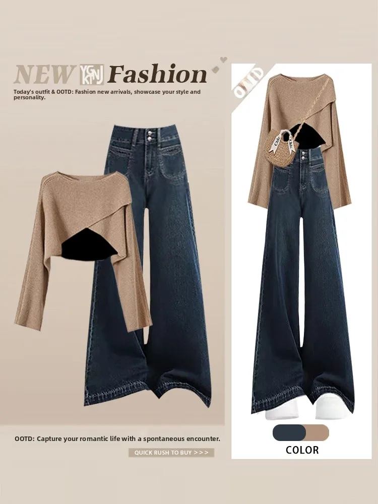 

Retro Sle Long Sve round Ne Vest Autumn Faion Set with Wide Leg Jeans Tee Piece Women's Clothing Casual Wear