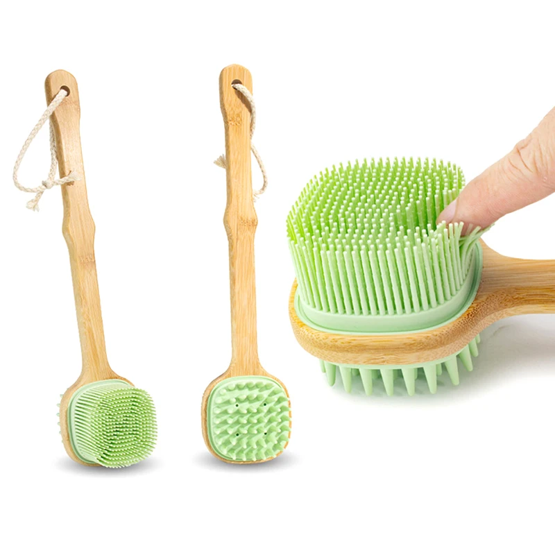 1pc Silicone two-sided Brush Back Scrubber Shower Brush With Long Wooden Handle Dry Skin Exfoliating Body Massage Cleaning Tool