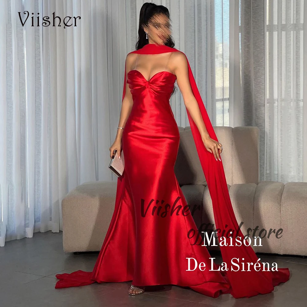 

Viisher Red Satin Mermaid Evening Prom Dresses with Cape Sweetheart Formal Occasion Dress Arabian Dubai Wedding Party Gowns