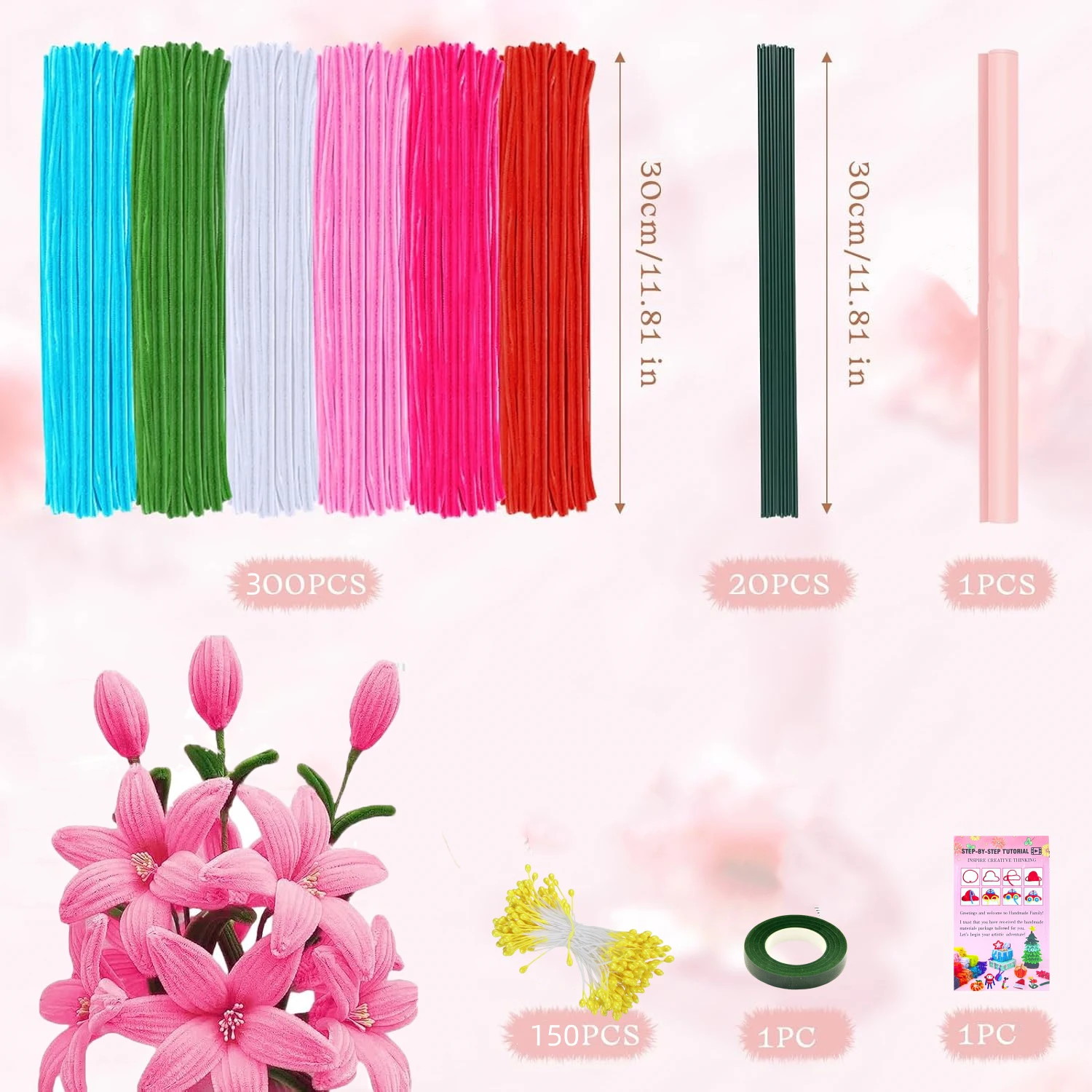 300PCS Pipe Cleaner Flower Kit with1 pc Instruction,1pc Wrapping paper, 20pcs Flower stems,1pc Tape, 150pcs Stamens
