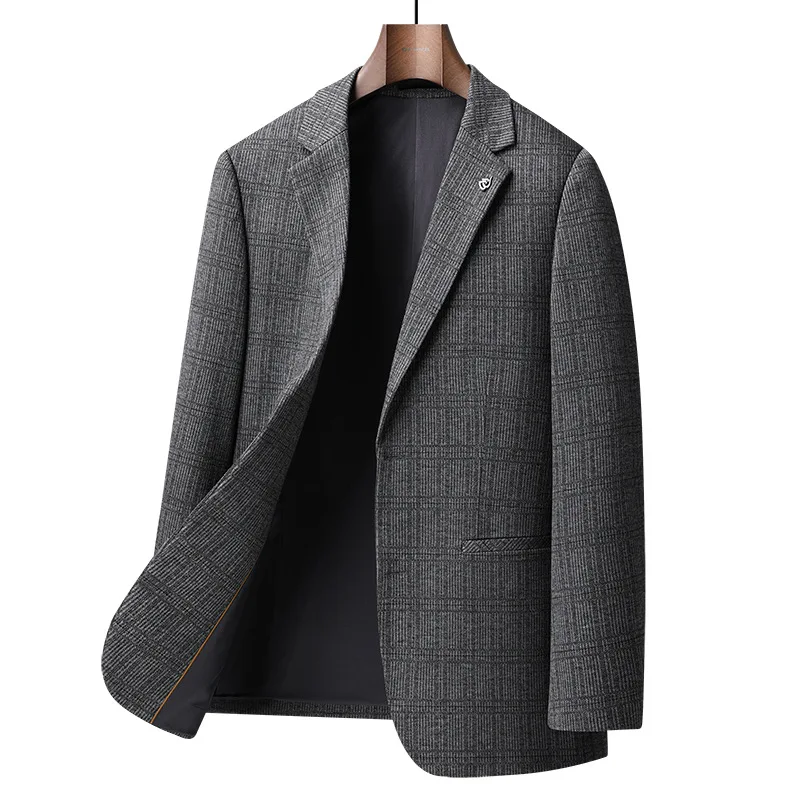 Middle-aged Young Blazers Men's Commuter Suit Plaid Knitted Casual Suits Spring Autumn Versatile Male Jacket Outerwear Tops