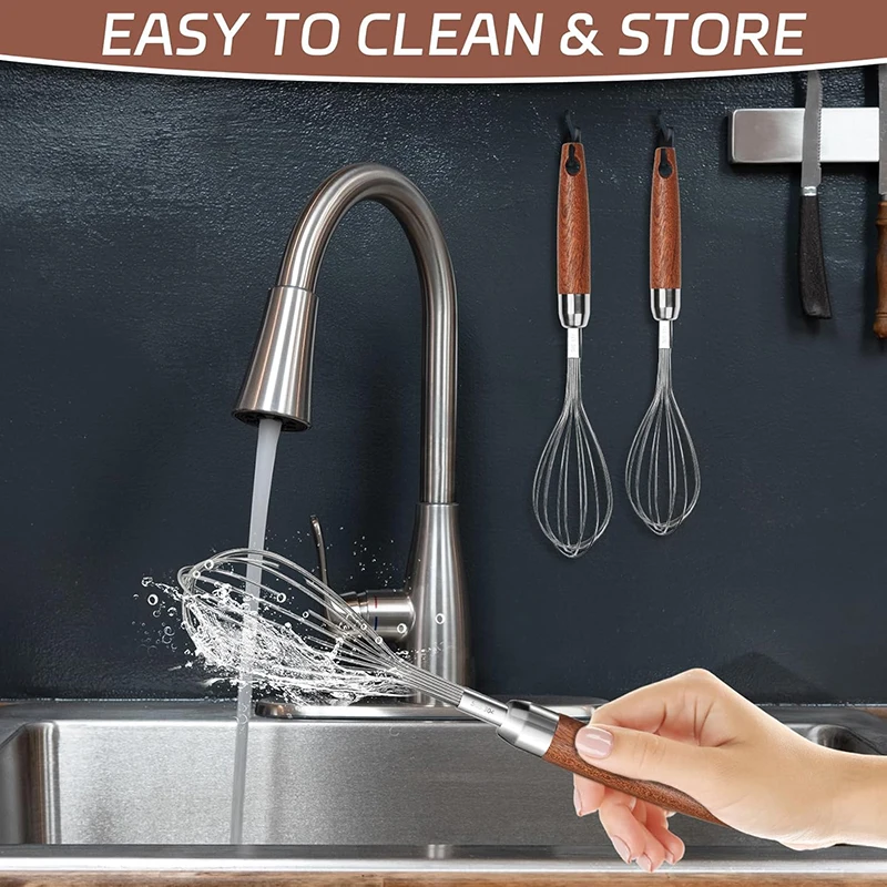 Stainless Steel Wire Whisk, Kitchen Egg Beater for Blending Whisking Beating Frothing Stirring Batters, Wooden Handle