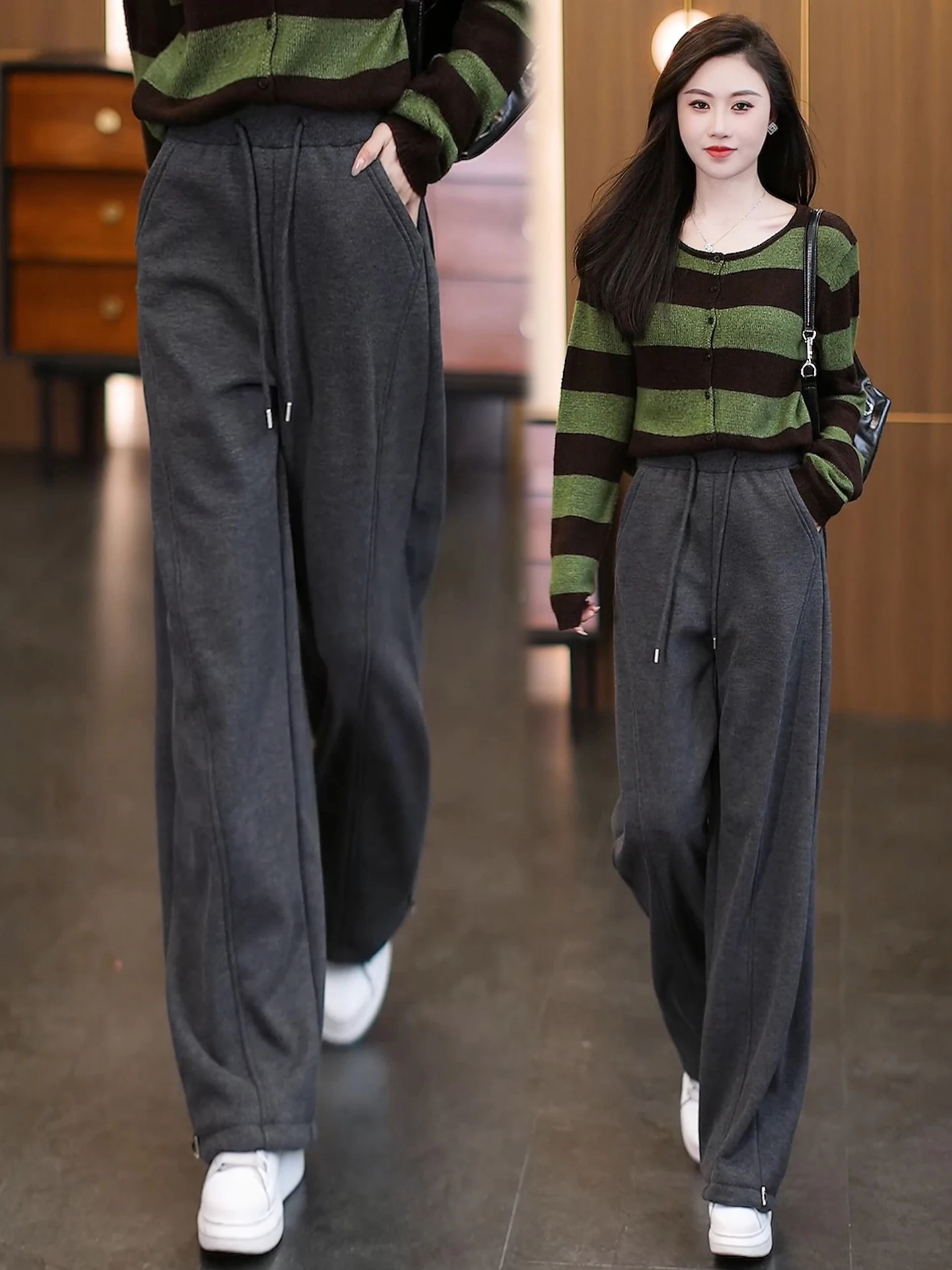 

Женские шерстяные брюки-бананы с высокой талией, широкими штанинами и флисовой подкладкой, осенне-зимние, новые, свободного кроя, утягивающие, повседневные