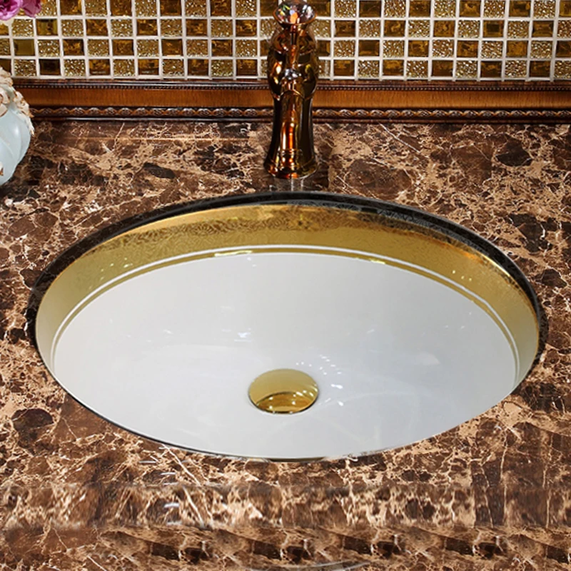 

Gold Undercounter Basin Round Ceramic Washbasin Recessed Washbasin Small Size Bathroom Basin