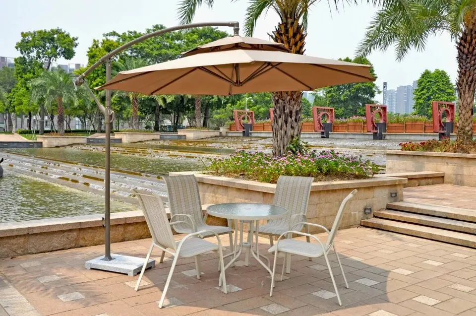 doral designs banana cantilever patio umbrella 10 ft Dropship 10FT Offset Patio Umbrella Cantilever Banana Umbrella With Crank  Tilt Cross Base Khaki to Sell Online at a Lower Price