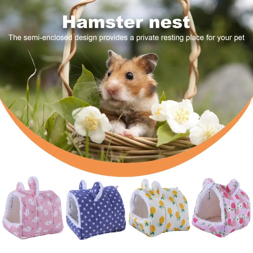 Cartoon Shape Pet Bed Cozy Semi-enclosed Hamster Nest with Cartoon Print Flowers Branch Hideout for Small Pets for Guinea