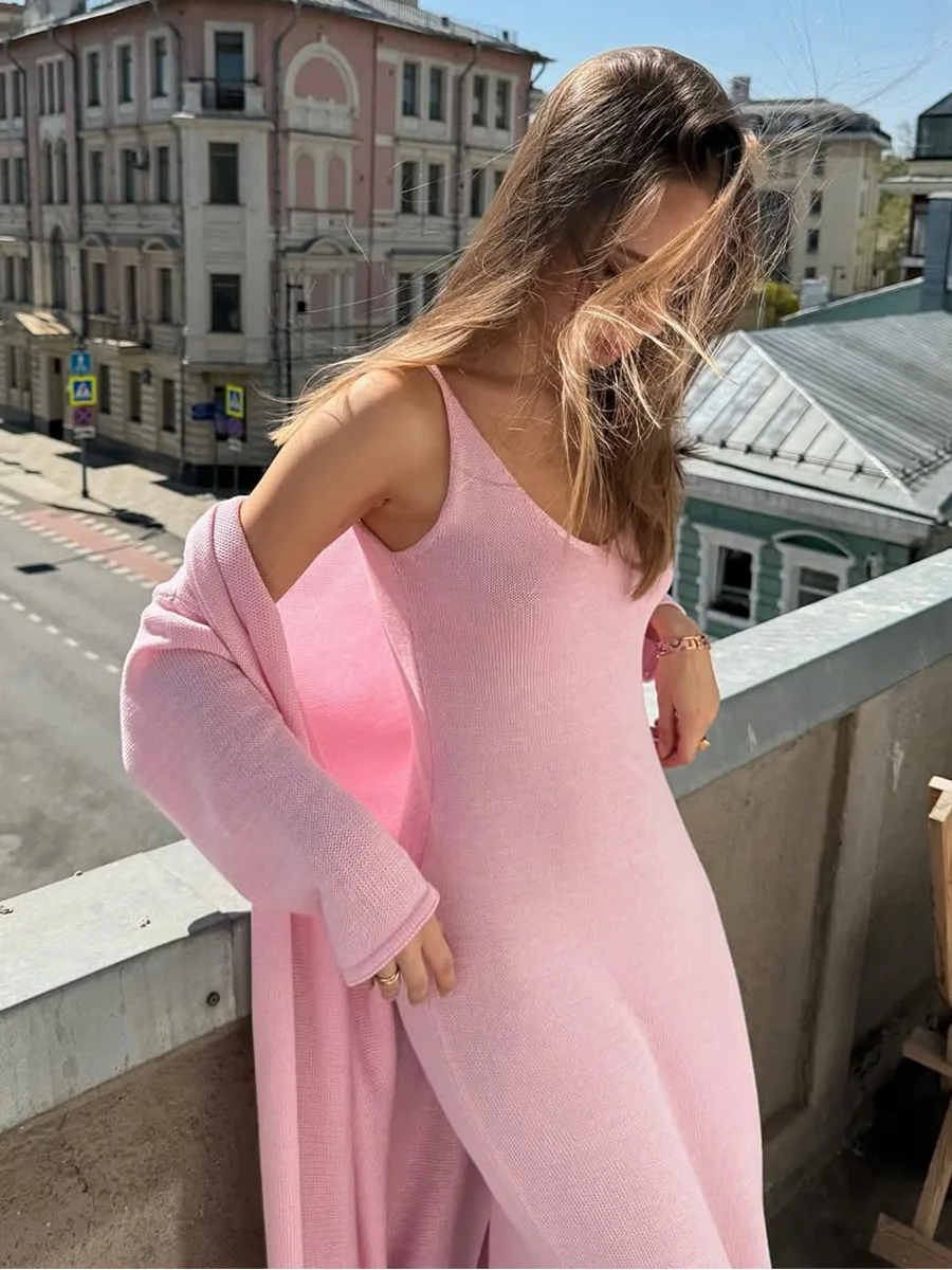 DSMTRC Knit Cover Up Cardigan+Dress 2Pcs Sets Women 2025 Autumn Winter Solid Loose Knitwear Dresses Street Casual Cardigan Suits