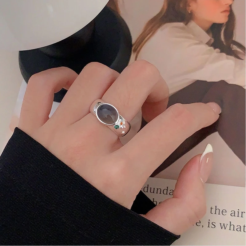 S925 pure silver personality unique gray black agate open ring for women, 2026 new ins trendy simple ring