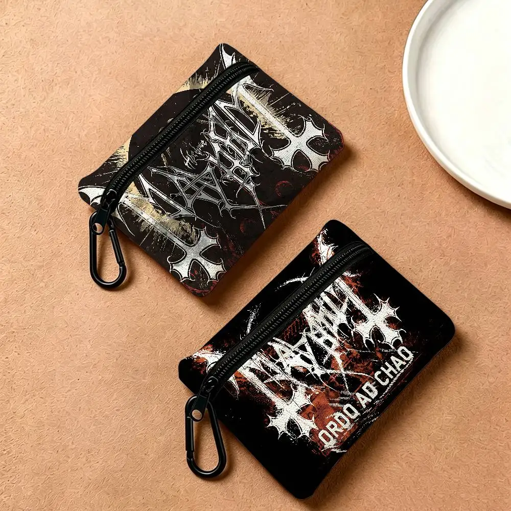 Mayhem Death Rock Band Mini Hanging Oxford Cloth Coin Bag Durable Zipper Key Card Pouch With Carabiner
