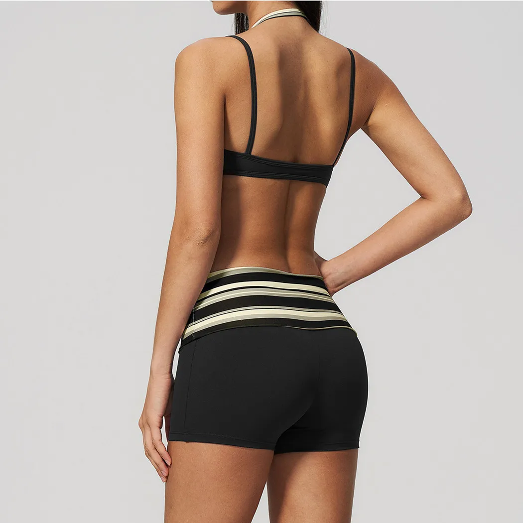 Stripe Yoga Shorts Women Fitness Sports Calf Length Legging Training Cycling Capris Female Push Up Runnings Workout Tights XP203