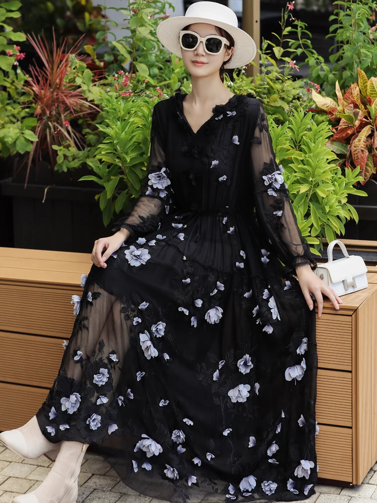 Spring New Women's Black Hooded Wrist Sleeves High End Luxury Embroidery Adjustable Waist Mid Length Loose Silk Dress One Size