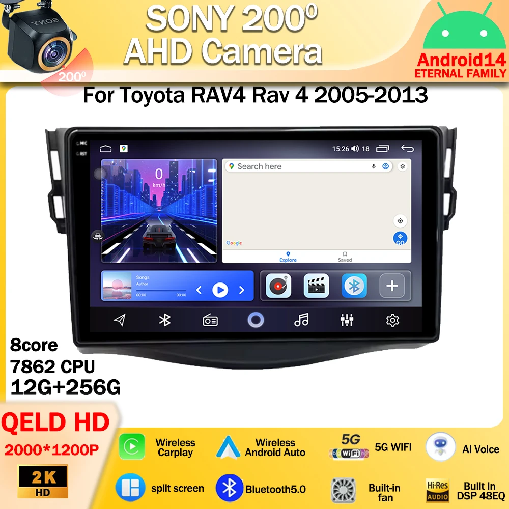 

Автомагнитола на Android 14 для Toyota RAV4 Rav 4 2005-2013, мультимедийный видеоплеер с GPS, стерео-навигацией, Wi-Fi, 4G, беспроводной Carplay BT