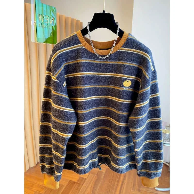 Brushed T-shirts Stripe Design Oversized Tops Casual Korean Style Long Sleeve O-neck Sweatshirt 2026 Autumn Winter Women Clothes