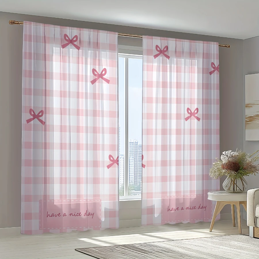 2PCS Digital Printed Sheer Curtain, Sweetheart Pink Plaid, Girly Coquette Gingham Pattern for Living Room Bedroom Home Decor