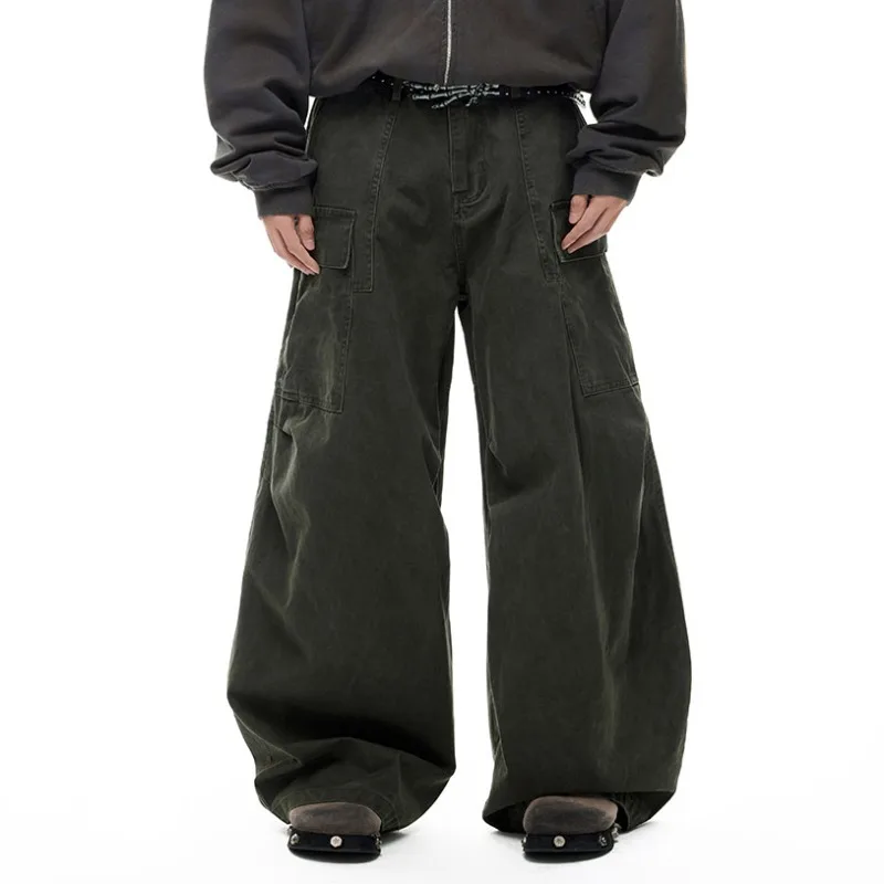 Trendy Khaki Deconstructed MultiPocket Elastic Waist Men's Cargo Pants American Style Loose Wide Leg Casual Trousers