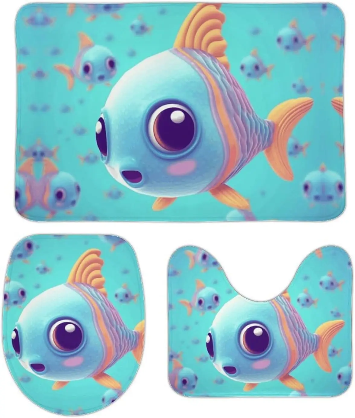 3 Piece Bath Rug Set Non Slip Absorbent Bath Mat Contour Mat with Toilet Lid Cover Cute Fish Soft Floor Mats for Bathroom