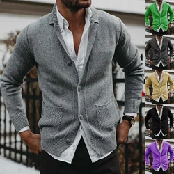 European and American Men Sweater Cardigan for Autumn and Winter, Solid Color, V-neck, Long-sleeved, Pocket Knitted Sweater Coat
