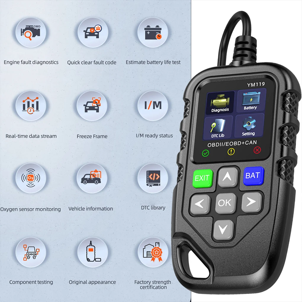 

OBDII Code Reader Работа для большинства автомобилей YM119 Автомобильный диагностический инструмент Инструмент для диагностики неисправностей Считыватель автомобильных кодов Точный анализ