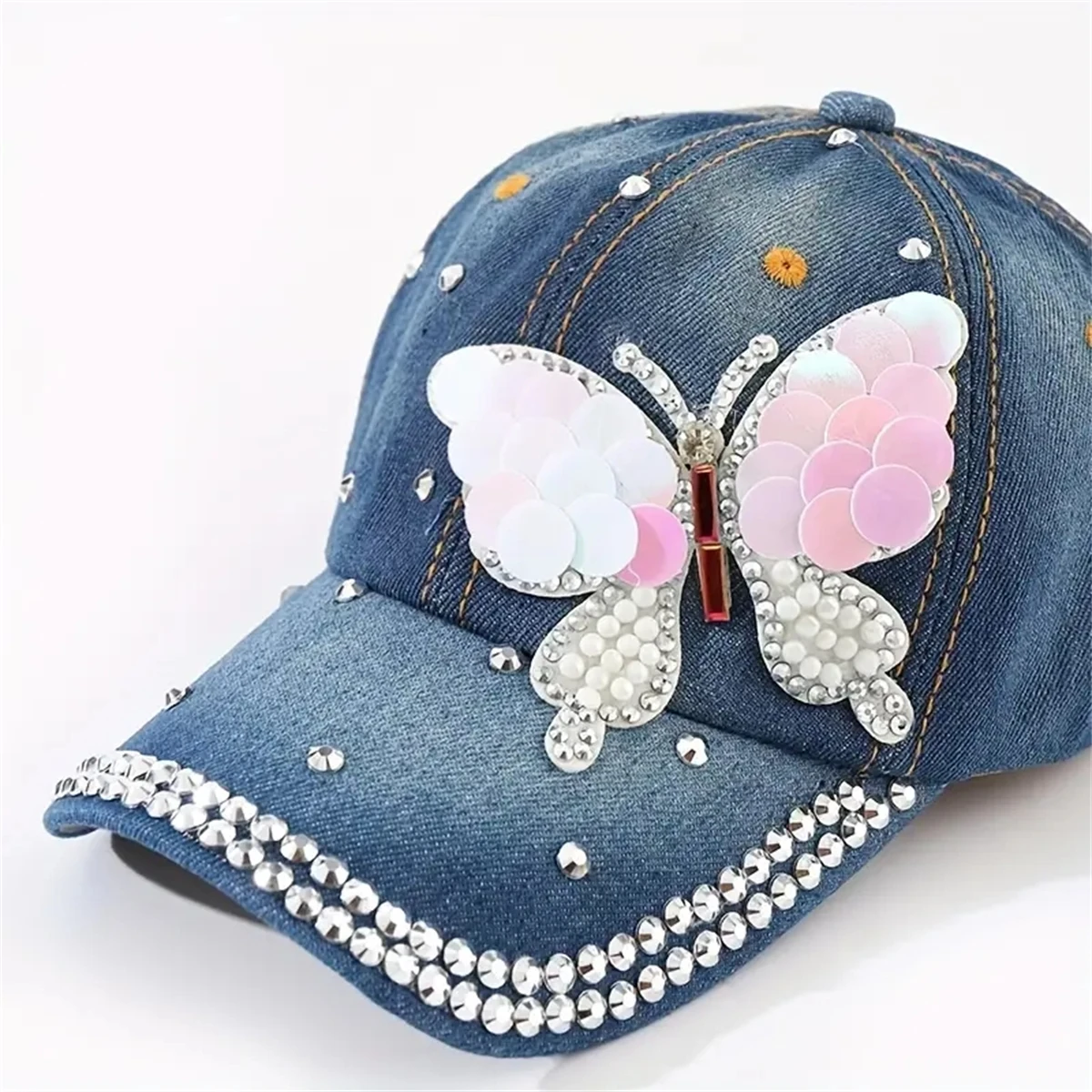 New Ladies denim diamond-encrusted casual show face small fashionable Western style show temperament cap