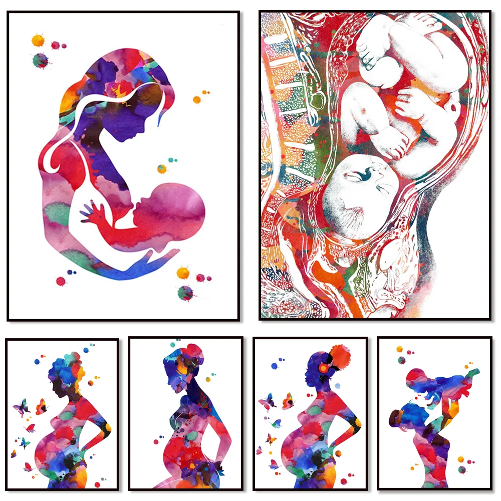 Pregnancy drawing pregnant woman watercolor poster, term baby in womb, fetal growth and placenta print. Obstetrician poster